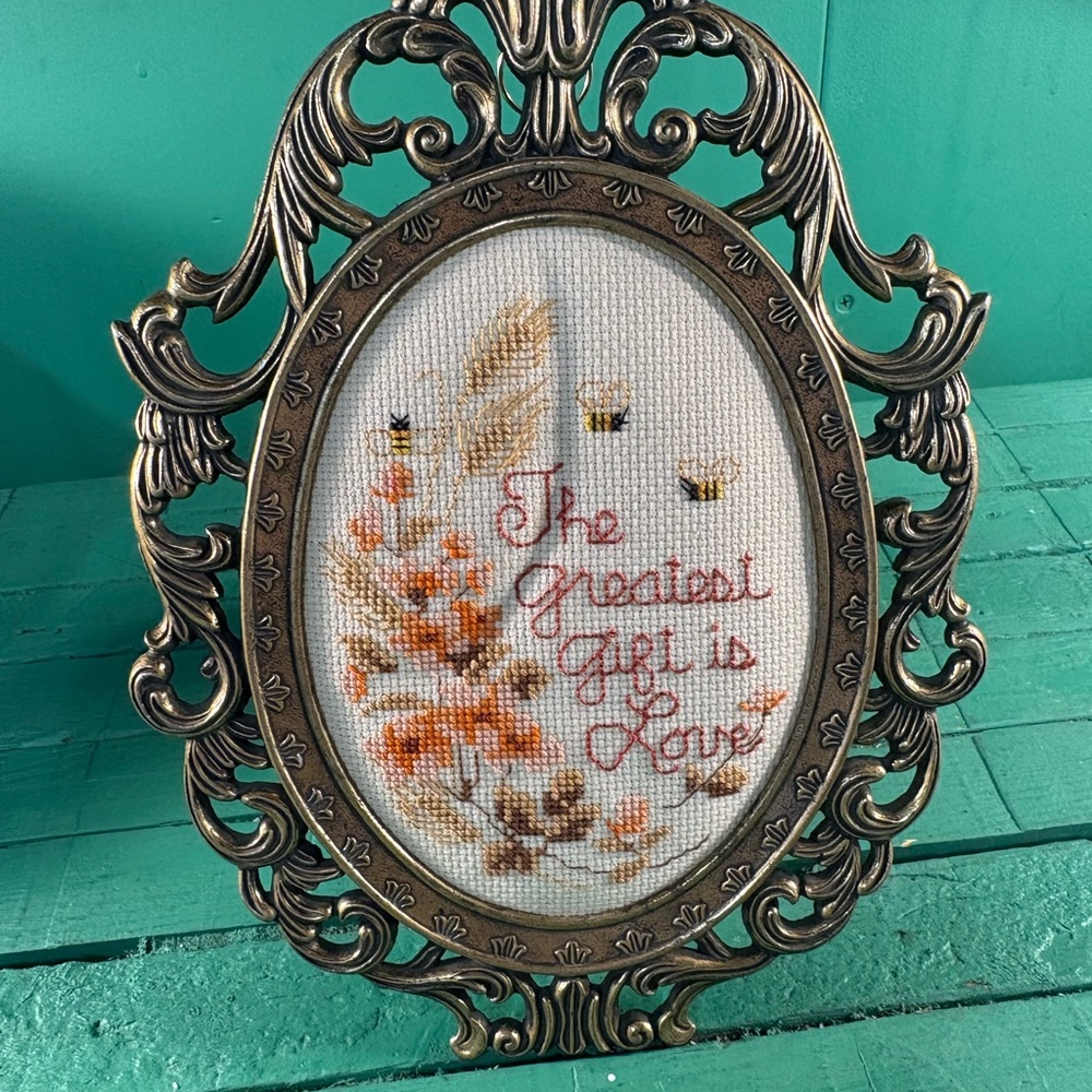 Ornate Bronze Picture Frame with Embroidered Art